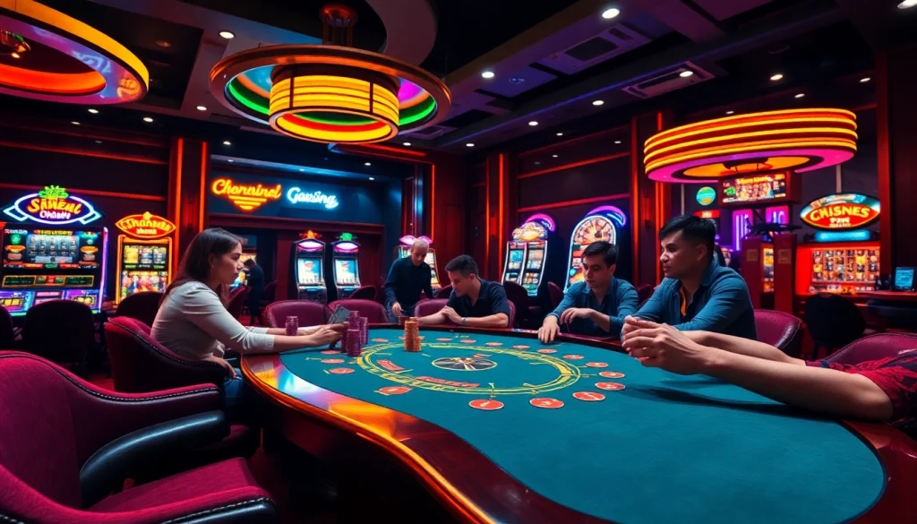 Players engage in đánh bài đổi thưởng amidst a vibrant casino setting filled with excitement and anticipation.