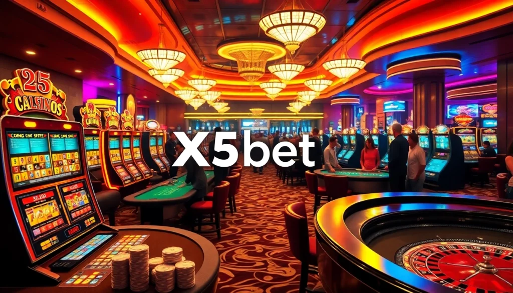 Action-packed casino scene with X5bet branding, showcasing vibrant tables and slot machines.